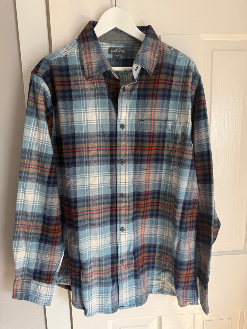 Eddie Bauer Light Blue and Navy Plaid Button-Down Shirt